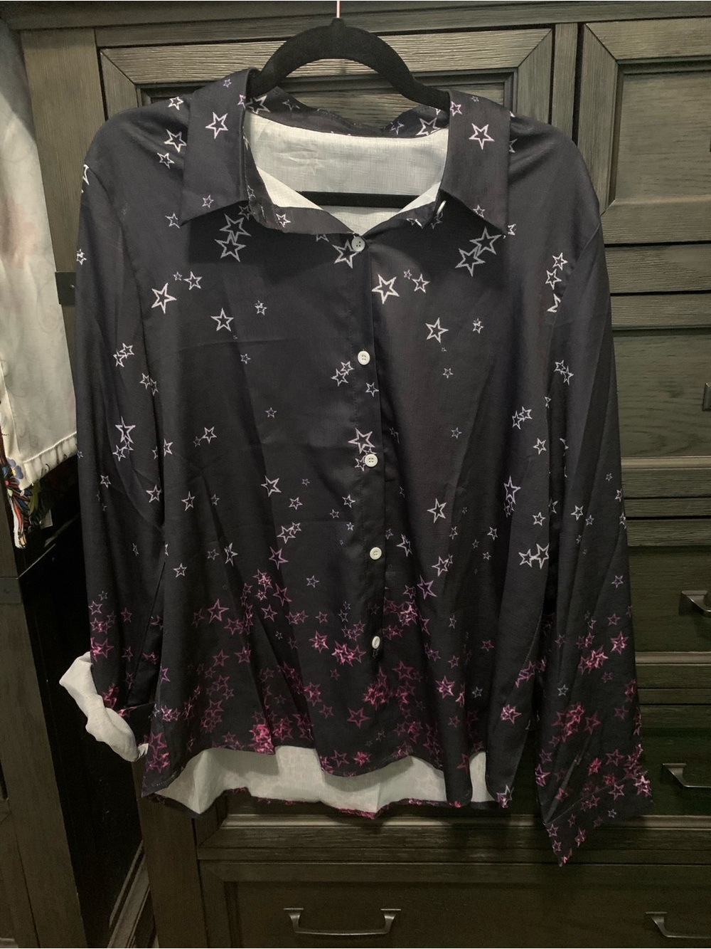 Star Print Button-Up Shirt in Black and Pink